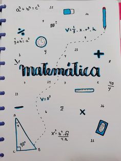 a notebook with some drawings on it and the word math written in blue ink next to an image of a calculator