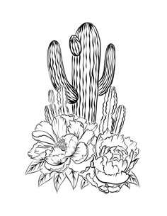 a black and white drawing of a cactus with flowers on the bottom right hand corner