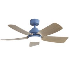 a blue ceiling fan with two blades on it