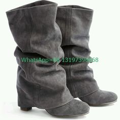 Lady Grey Suede Turn-Over Calf Boots Chunky Heel New Arrive Running Boots T Show Punk Dress Suede Running Boots, Office Boots, Punk Dress, Boots Chunky, Lady Grey, Grey Suede, Calf Boots, Dream Shoes, Gray Suede