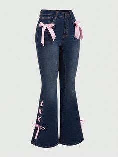 Plus Size Women Solid Color Simple Daily Bow Detail Decoration Jeans, School Blue    Denim Colorblock,Letter,Plain Flare Leg High Stretch  Women Plus Clothing, size features are:Bust: ,Length: ,Sleeve Length: Women's Flared Jeans, Womens Flare Jeans, Oufits Casual, Outfit Inspo Casual, Cute Pants, Cute Jeans, Mode Inspo, Blue Bow, Inspired Outfits