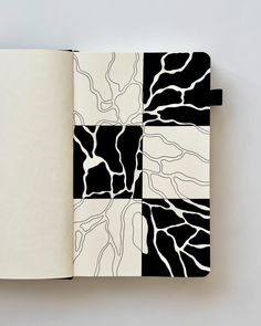 an open book with black and white designs on it