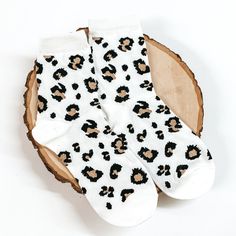 White ankle socks with a black and champagne leopard print design. These socks are pictured on a piece of wood on a white background. White Ankle Socks, Cute Stockings, Giddy Up Glamour, Black Leopard Print, Boho Bedroom Decor, Black Leopard, Boho Bedroom, Christmas Wishlist, Ankle Socks