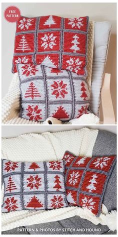 two pictures showing the same red and white knitted pillow with snowflakes on it