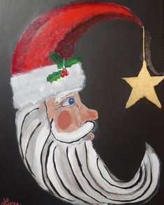 a painting of santa claus with a star hanging from his hat and beard, on a black background