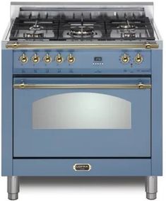 a blue stove top oven with two burners and one door on the right side