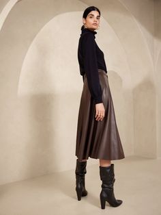 Vegan Leather Midi Skirt | Banana Republic Factory Fall Leather Flared Skirt, Leather Flared Skirt For Fall, Winter Leather Midi Skirt, Relaxed Fall Skirt, Sleek Fall Skirt, Brown Leather Flared Skirt, Faux Leather Midi Skirt For Fall, Leather Skirt For Night Out In Fall, Sleek Leather Midi Skirt