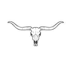 a bull's head with long horns drawn in black and white