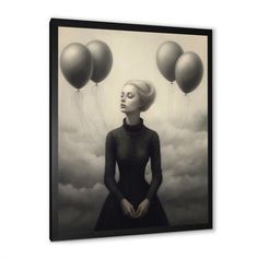 a woman with balloons floating in the air above her head, on a black and white background