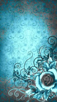 an artistic blue background with flowers and swirls on the edges is shown in this image