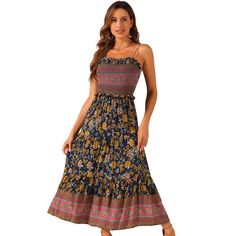 Add a completely cute and unique vibe to your look with this floral A-line dress. Pair with heels or sandals for a sweet look. This short-sleeved dress with spaghetti strap and boho floral design highlights your stylish wearing style in the crowd. Pair with pretty bags and high heels to complete the fashion look. A nice choice for honeymoons, vacations, and so on. Summer Spaghetti, Midi Sundress, Maxi Sundress, Ballet Dress, Boho Floral Dress, Floral Sundress, Women Maxi, Chic Woman, Boho Floral