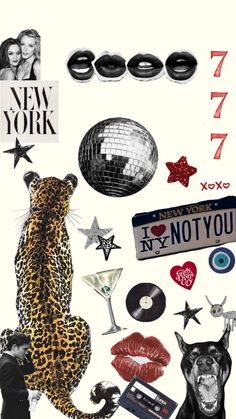 a collage of various items including a leopard, disco ball, and other things