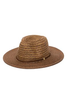 A wide brim lends soft shade to a breathable woven hat with a leather braid that trims a dimpled crown. Paper Imported Brown Wide Brim Panama Hat For Outdoor, Brown Braided Panama Hat With Curved Brim, Casual Woven Panama Hat For Outdoor, Brown Fedora In Toquilla Straw With Short Brim, Brown Brimmed Straw Panama Hat, Brown Short Brim Panama Hat For Outdoor, Brown Fedora With Short Brim In Toquilla Straw, Adjustable Brown Woven Fedora, Brown Country Hat In Toquilla Straw