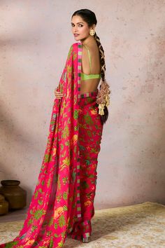 Pink saree crafted in georgette with all over Tropical rhapsody print and sequin embellished colorblocked borders. Paired with a sleeveless clear sequins embellished green blouse. - Aza Fashions Print Saree, Blouse For Women, Pink Saree, Printed Sarees, Green Blouse, Sweetheart Neck, Aza Fashion, Borders, Types Of Sleeves