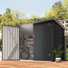 a bike is parked in the open side of a storage shed with its door open