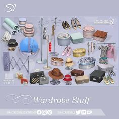 a bunch of items that are sitting on a table with the words wardrobe stuff written below them