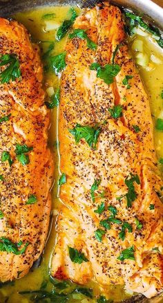 2 large Trout fillets with Garlic Lemon Butter Herb Sauce in a stainless steel skillet Butter Herb Sauce, Butter Herb, Recipe With Garlic, Seafood Risotto, Fish Fillets