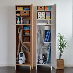 two shelves with different types of items in them and one has a vacuum on it