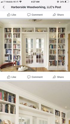 two pictures of the same room with bookshelves and doors open to reveal different rooms