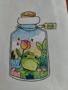 a drawing of a frog in a jar