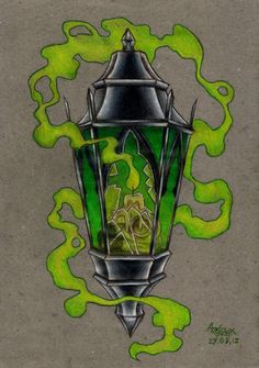 a drawing of a street light with green flames coming out of the top and bottom