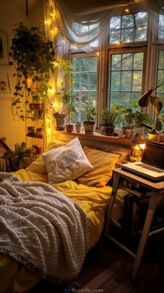 a bedroom with plants and lights on the windowsill