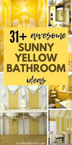 bathroom with yellow and white striped walls and flooring in the center, there are pictures of