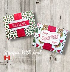 two christmas cards with the words believe and merry in red, white and green on them