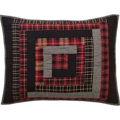 a black and red plaid pillow with a square design on the front, along with a gray border