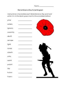 October Homeschool, Canada Activities, Remembrance Day Canada, Memorial Day Poppies, Remembrance Day Activities, Levels Of Government, Senior Activities, Word Scramble, Homeschool Activities