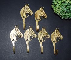 six brass horse head hooks on a black surface next to a green plant and potted plant