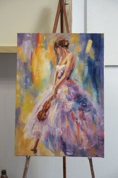 a painting of a woman in a ball gown holding a violin on an easel