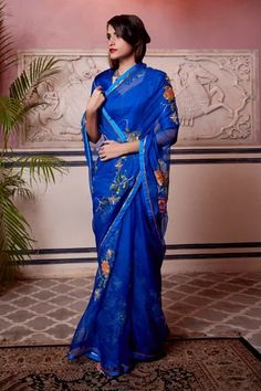 Shop for Atelier Shikaarbagh Blue Zardozi Embroidered Saree for Women Online at Aza Fashions Blue Silk Saree, Blue Saree, Satin Color, Silk Organza, Sarees Online, Historical Dresses, Blouse Piece, Silk Blouse, Silk Satin