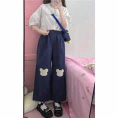 Material: Cotton Material: Polyester Length: Full Length Pattern Type: Cartoon Style: Kawaii Pant Style: Wide Leg Pants Front Style: Flat Fit Type: Skinny Decoration: Embroidery Decoration: Pattern Fabric Type: Batik Closure Type: Elastic Waist Waist Type: High Gender: WOMEN ONE SIZE ：Length:86cm Waist:54-80cm Leg:62cm White Harajuku School Bottoms, White Harajuku Style School Bottoms, Cute High-waist Cotton Bottoms, Cute High Waist Cotton Bottoms, White Harajuku Style Cotton Bottoms, Harajuku Style Bottoms For School In Spring, White Cotton Harajuku Style Bottoms, Playful Blue Pants With Pockets, Kawaii Cotton Summer Bottoms