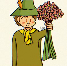 a drawing of a person holding flowers in one hand and a hat on the other