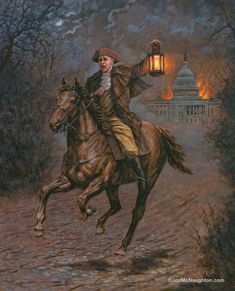 a painting of a man riding on the back of a brown horse holding a lantern