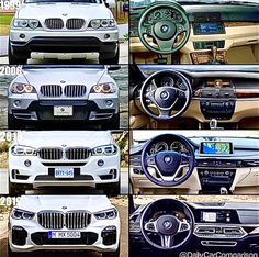 four different pictures of the inside and outside of a car, including steering wheel controls