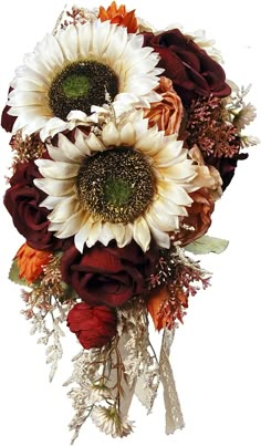 a bridal bouquet with sunflowers, roses and other flowers in it on a white background