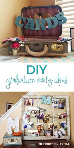 an old suitcase is transformed into a diy graduation party decoration with photos and letters