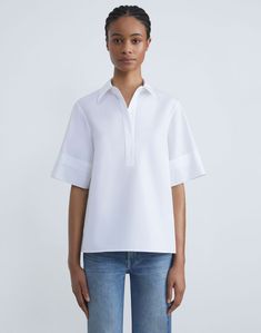 Modern Tops With Polo Collar And Placket, Modern Button-up Top With Placket, Modern Tops With Fold Down Collar And Placket, White Relaxed Fit Tops With Concealed Placket, Modern Tops With Placket And Fold Down Collar, White Tops With Concealed Placket And Relaxed Fit, Casual Cotton Blouse With Concealed Placket, Modern Tops With Collared Neckline And Placket, Modern Workwear Tops With Polo Collar