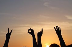 people raising their hands in the air at sunset