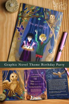 purple blue literary literature book exchange birthday party invitations with owls and butterflies, magical enchanted forest theme book swap party modified books Book Swap Party, Owl Themed Birthday Party, Butterfly Birthday Party Invitations, Enchanted Forest Party, Butterflies Blue, Fall Birthday Parties, Forest Party