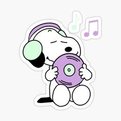 a cartoon character holding a purple object with music notes on it's side sticker