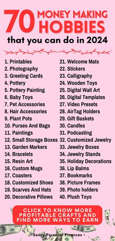 a pink poster with the words 70 money making hobbies that you can do in 2021