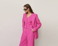 Hot Pink Suit, Pantsuit For Women, Trouser Suit Set, Business Suit, Prom Suit, Wedding, Rehearsal Dinner, Formal Wear, Palazzo Pants ⭐Size: Please write your chest, waist, hips, height, and we will make a suit to your individual measurements! After you place your order, we may ask you for additional measurements. We do this to ensure that the suit fits you perfectly👌😊 ⭐Our fabric: We have used a premium quality suiting fabric.  ⭐Shipping: ✈️We have two shipping options that we can offer: Free Hot Pink Suit, Pantsuit For Women, Suit Prom, Prom Suit, Trouser Suit, Suiting Fabric, Prom Suits, Pink Suit, Pantsuits For Women