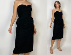 -->DESCRIPTION<-- Vintage 80s velvet cocktail dress with super flattering strapless fitted bust and peplum! Goth vixen vibes! Bodice has boning. By Jeri, New York. -->CONDITION<-- Great condition, normal wear for vintage velvet. -->FABRIC<-- No tag to indicate -->SIZE<-- No tag to indicate, about a small, please follow measurements Measurements taken with garment laying flat, please double sizes of bust, waist and hips to fits the body (we suggest you compare measurements to a fitting item that Cocktail Vintage, Velvet Cocktail Dress, Antique Clothing, Vintage Velvet, Dress Clothes For Women, Velvet Fabric, Clothing Items, Strapless Dress, Bodice