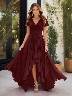 Marley Soft Ruched Short Sleeves High Low Chiffon Dresses Satin Hoco Dress, High Low Chiffon Dress, Short Sleeves Dress, Stretch Satin Dress, Party Stand, Chiffon Dresses, Dusty Rose Dress, Corset Back, Dress Dusty