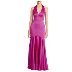 Crafted Of Lustrous Satin, Theia's Celeste Gown Is Elevated By A Bias-Cut Skirt And Draped Halterneck At The Back. Halterneck With Back Button Closures Plunging V-Neck Sleeveless Banded Waist Open Back Concealed Back Zip 100% Polyester Dry Clean Msrp $695 Size & Fit About 61.5" From Shoulder To Hem Condition: New With Tag Blackline On Inside Label Done By The Department Store To Prevent Illegal Store Return. Pre-draped Halter Neck Wedding Dress, Pre-draped Halter Neck Maxi Dress For Wedding, Halter Prom Dress, Theia Dresses, Revolve Dress, Long Halter Dress, Bias Cut Skirt, Metallic Dress, Purple Lilac