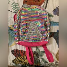 Great Condition Still Has Plastic From Tag-No Paper Tag Never Used Letter “A” Is On It Trendy Multicolor Bags For School Events, Trendy Multicolor School Bags, Casual Multicolor Backpack For School Events, Cute Multicolor Backpack For School Events, Fun Multicolor Backpack For School Events, Justice Bags, Justice Backpacks, Justice Accessories, Sequin Backpack