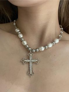 Kalung Choker, Kalung Manik-manik, Pearl Cross Necklace, Goth Necklace, Vintage Choker, Gothic Necklace, Rhinestone Cross, Neck Jewellery, Mors Dag